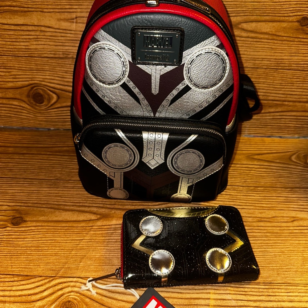 Disney Parks Marvel Loungefly Thor Love Thunder Mini Backpack Black/Red + Wallet
